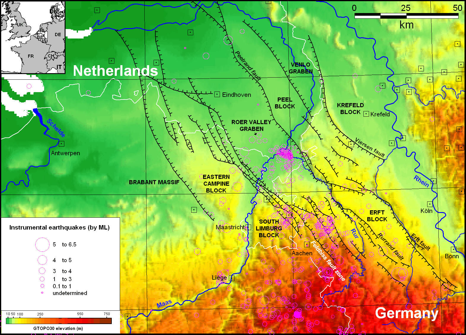 Lignes de faille dans le Graben du Rhin